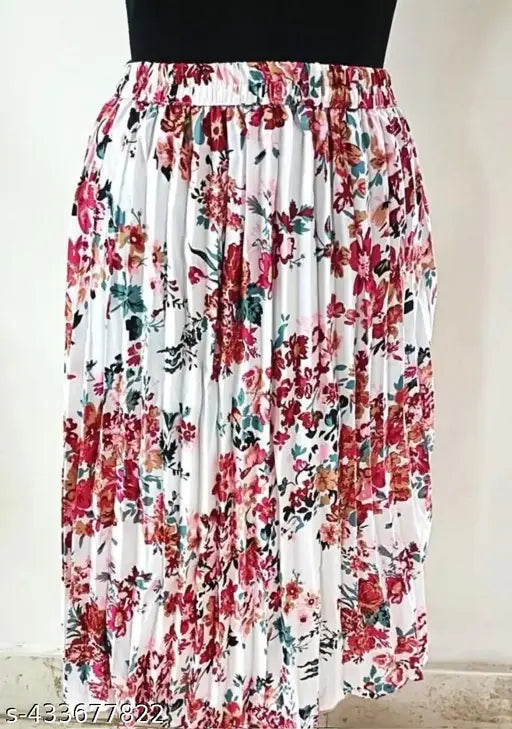 Floral print midi skirt, high waist, elastic waistband