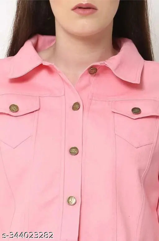 Pink Classic Denim women's jacket, long sleeves, solid pattern, metallic buttons, size S (34in bust, 19in length), made in India