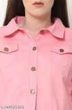Pink Classic Denim women's jacket, long sleeves, solid pattern, metallic buttons, size S (34in bust, 19in length), made in India
