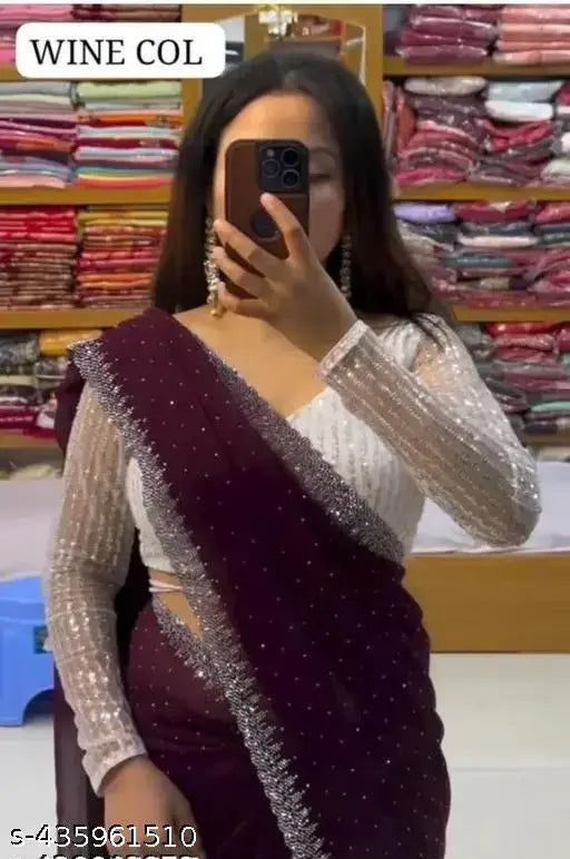 Maroon embroidered saree, traditional design, lightweight material