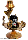 Black Marble Stone Shiva Lingam Idol with Brass Kalash Stand, 7cmL x 7cmB x 11cmH, home temple item