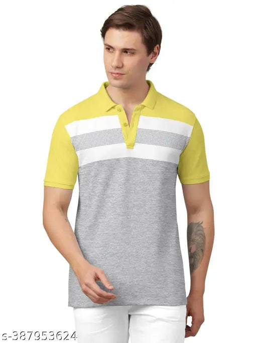 Yellow cotton blend polo t-shirt with trendy colorblock graphic print collar for men (size M) on hangar