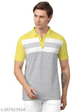Yellow cotton blend polo t-shirt with trendy colorblock graphic print collar for men (size M) on hangar