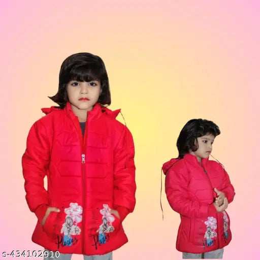 Red padded hoodie with cute design for baby girl's winter wear