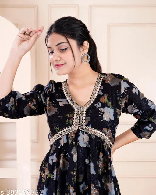 Black rayon printed flared kurta with Aliya cut, three-quarter sleeves - women's Indian fashion, single size options M (38in bust, 44in length) & L (40in bust, 44in length)