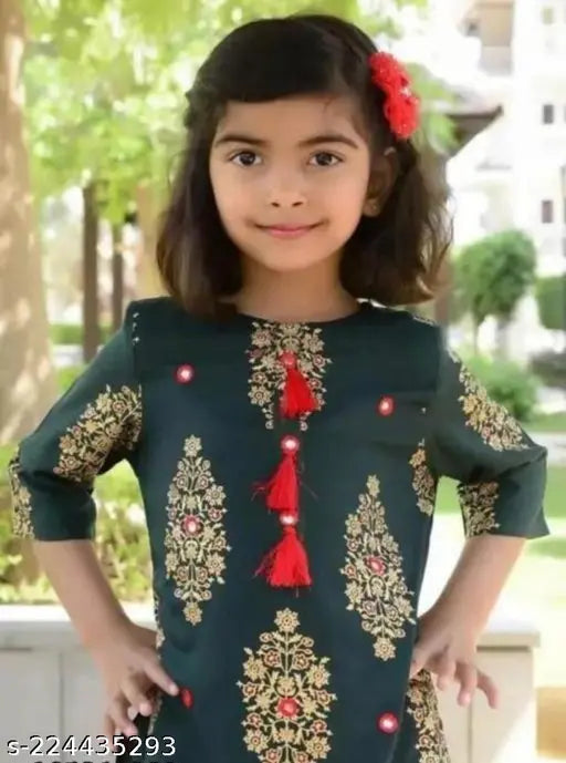 Printed rayon Girls kurta with mirror work and sharara bottom, three-quarter sleeves, India origin