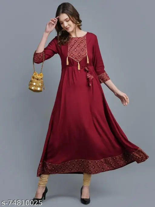 Red rayon anarkali long kurta women's fashionable partywear trendy kurta kurta