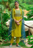 Lemon cotton blend embroidered kurta set with palazzos and dupatta, solid net pattern on display