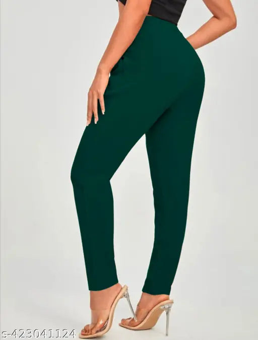 Green polyester blend casual trousers, mid waist with two side pockets, slim fit for 42 inches