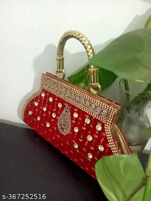 Red handcrafted evening sidebag with floral embroidery, perfect for weddings or parties
