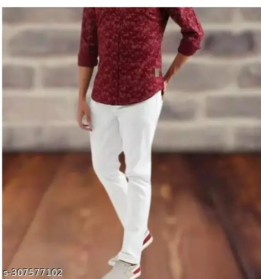 Cotton blend plain white jeans for men, solid net with a flaying design