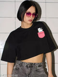 Black polka cat print cotton crop T-shirt for women's casual summer wear, loose fit with round neck and drop shoulder design