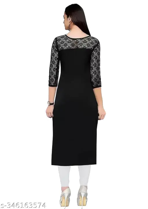 Black kurti with American crepe fabric, 34-inch length, round neck, and short sleeves