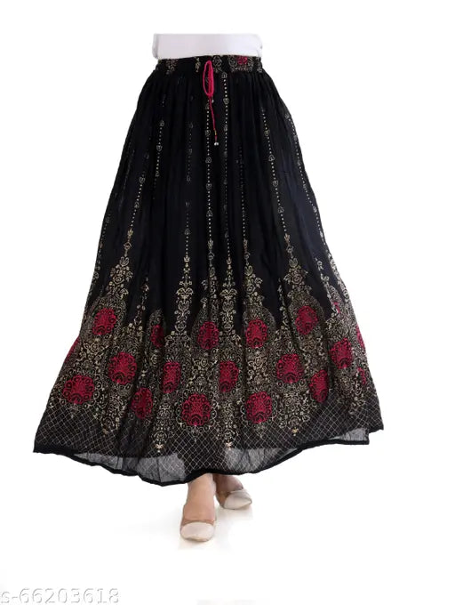 Black and gold patterned mid-length skirt, elastic waist, maxi style, long hem, flared silhouette