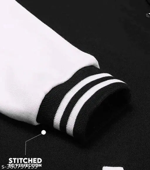 Lenzo NY varsity jacket, black and white striped sleeve cuffs
