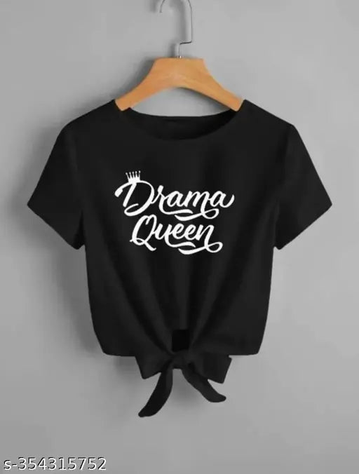 Black knot printed crop top for women, lycra, short sleeves, drama queen design