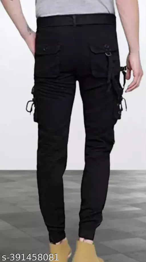 Men's black cotton blend cargo jeans, size 28/30/32/34, solid pattern