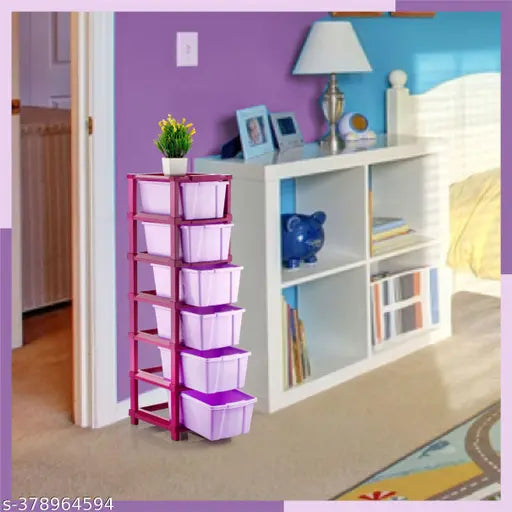 Purple plastic storage bins, for home office or parlor, multi-level design