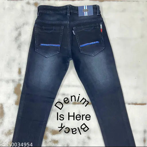 Black stretchable denim jeans, slim fit mid-rise for men's stylish comfort