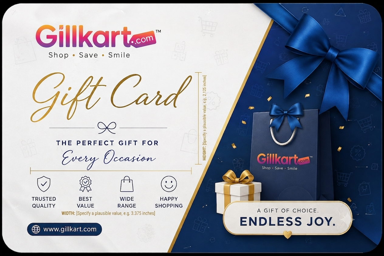 A Gillkart.com gift card design with a white left side featuring gold and blue text, and a dark blue right side decorated with a large blue ribbon, shopping bag, gift box, and the phrase 'A Gift of Choice Endless Joy.