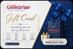 A Gillkart.com gift card design with a white left side featuring gold and blue text, and a dark blue right side decorated with a large blue ribbon, shopping bag, gift box, and the phrase 'A Gift of Choice Endless Joy.