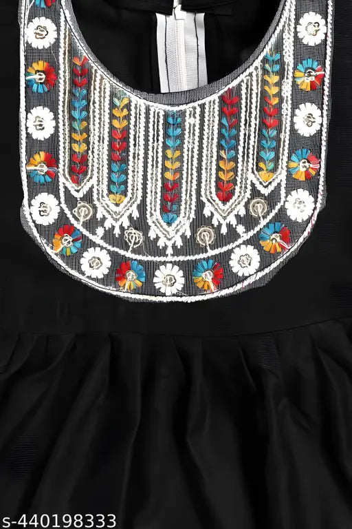 Black embroidered rayon A-line pyjama dress for girls (0-1 years), Indian kid's fashion