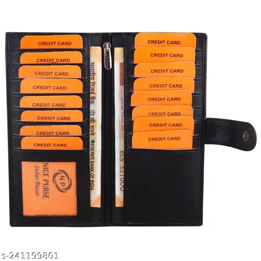 Black PU leather wallet, 2 note compartments, 11 card slots, regular size (17 cm x 9 cm) - ZnW-Enterprise Men's casual style wallet