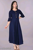 Rayon navy blue women's solid round flared bell sleeves kurti with 3/4 sleeve, hand washable