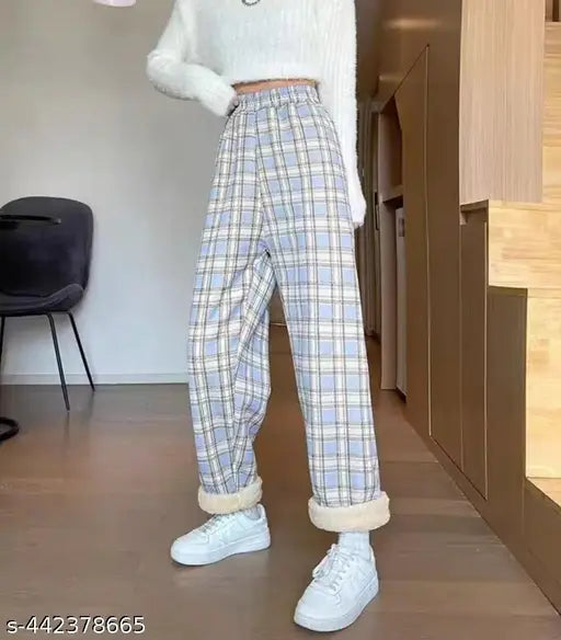 Checked wool wide-leg winter pants for women (Korean style), M/L sizes