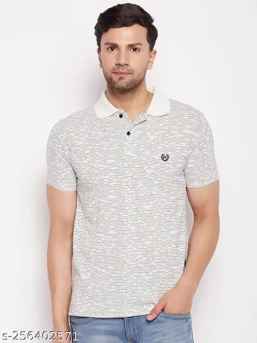White striped cotton polo t-shirt for men, half sleeves, made in India