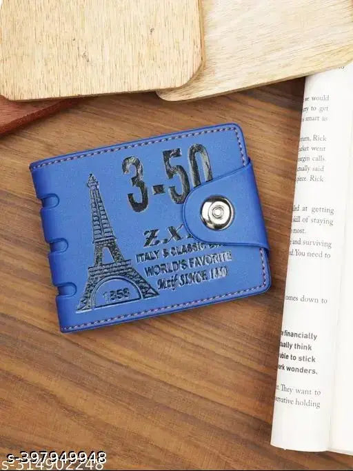 Blue T faux leather wallet, five compartments, printed net design, free size (12cm x 9cm), made in India