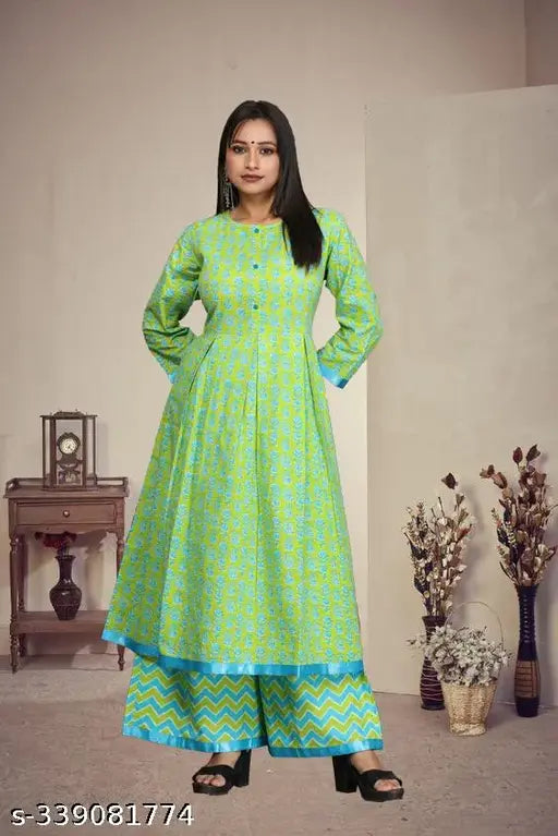 Parrot Rama Cotton Dress0101, Indian-made, pure cotton Cambric 3/4 sleeve kurta with palazzos and box pleats, round neck, show buttons, available in S, M, L, XL, XXL sizes