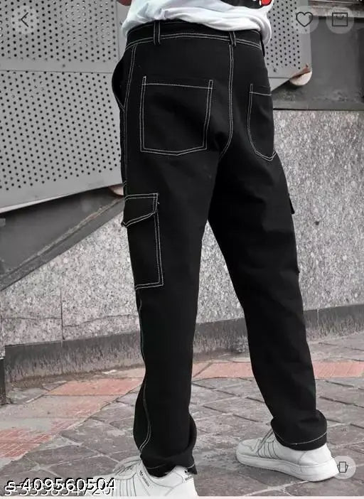 Black denim baggy jeans by Markview - Comfortable fit, mid-rise style for men & boys. Versatile black color suitable for casual and partywear. Cargo and jeans look combined. Sizes: 30 (Waist 30in, Length 38in), 32 (Waist 32in, Length 38in). Origin: India