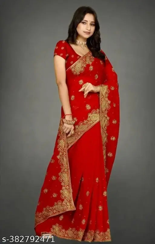 Red and gold embroidered Georgette saree with traditional pallu