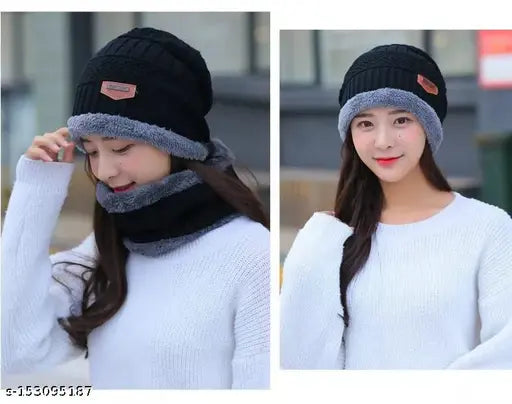 Black winter knit beanie cap and neck warmer scarf