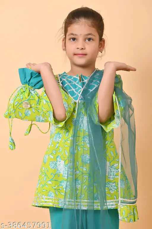Floral print cotton kurta, sharara & dupatta set in anarkali style with three-quarter sleeves. Vibrant Indian fashion set for kids aged 2-10 years