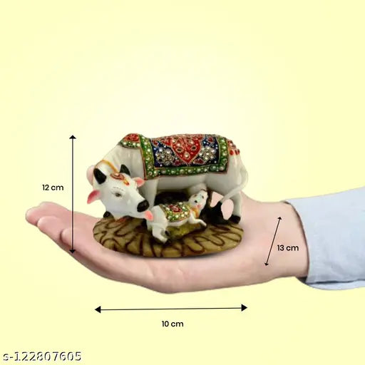 Multicolored marble dustPoly resin cow and calf figurine for decoration, 3 cm tall, vastu idol, with polyresin material