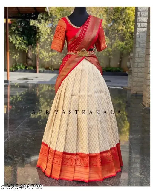 Striped semi-stitched red Lehenga Choli (Art Silk, Jacquard Dupatta, Litchi Silk zari work), unstitched with tussle-detailed acrylic dupatta and three-quarter sleeves, ready to ship from India