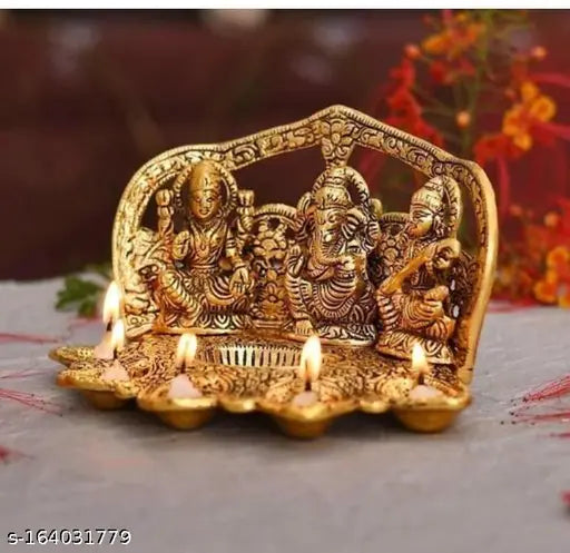 Gold-plated Laxmi, Ganesh, Saraswati Idol Oil Diya (14cm x 14cm x 24cm), Indian exotic home decor for Diwali festival season