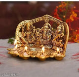 Gold-plated Laxmi, Ganesh, Saraswati Idol Oil Diya (14cm x 14cm x 24cm), Indian exotic home decor for Diwali festival season