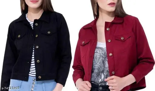 Black and maroon denim jacket, solid pattern, long sleeves, S-XL sizes for versatile casual wear