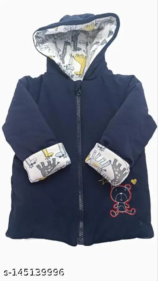 Baby reversible hooded jacket, navy blue with cartoon character pattern
