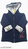 Baby reversible hooded jacket, navy blue with cartoon character pattern
