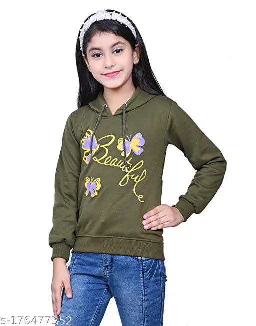 Green cotton printed hooded sweatshirt with full sleeves, ideal for girls' casual style and winter comfort. Soft, cozy fabric keeps them warm in chilly weather