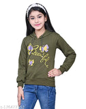 Green cotton printed hooded sweatshirt with full sleeves, ideal for girls' casual style and winter comfort. Soft, cozy fabric keeps them warm in chilly weather
