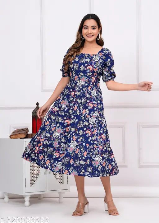 Rayon blue floral Anarkali kurta, three-quarter sleeves, printed rayon, Indian women's fashion