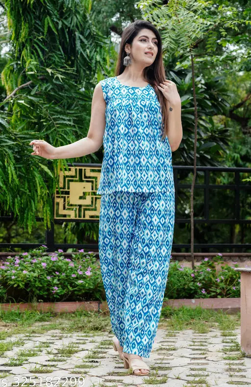 Blue rayon co-ord set: sleeveless crop top pant set, rayon fabric