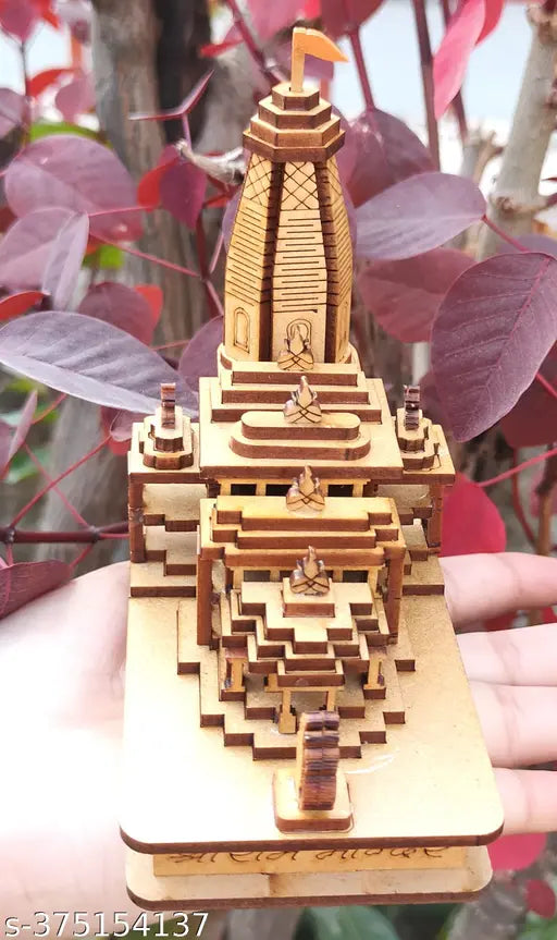 Handcrafted wooden 3D Shree Ram Mandir model, ideal for car dashboard or home puja
