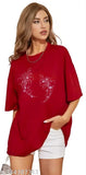 Oversized pure cotton T-shirt with sparkling rhinestones glittering sequins, loose-long baggy fit, drop shoulder design for party disc clubs festivals, trendy summer wear