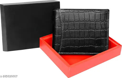 Black textured croco pattern leather men's wallet with 2 compartments, India origin